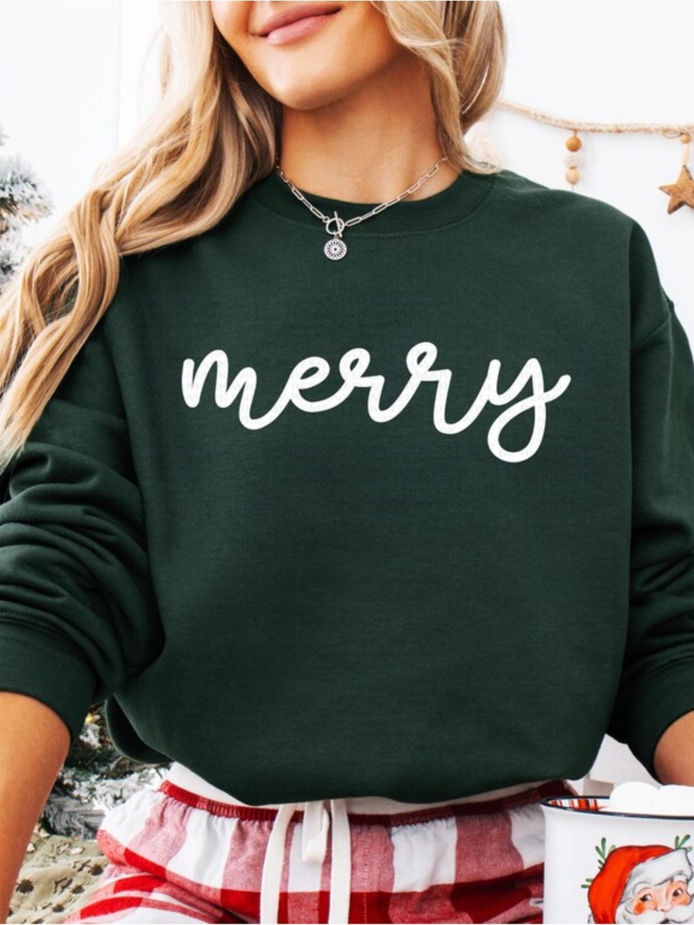 Merry Graphic Christmas Sweatshirt - Forest Green Gift For Her, For Him
